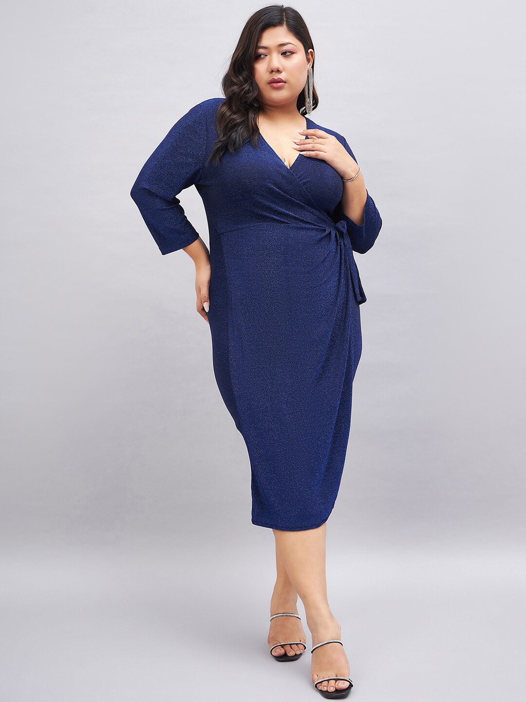 

Orchid Blues Plus Size V-Neck Tie-Ups Wrap Midi Dress, Blue