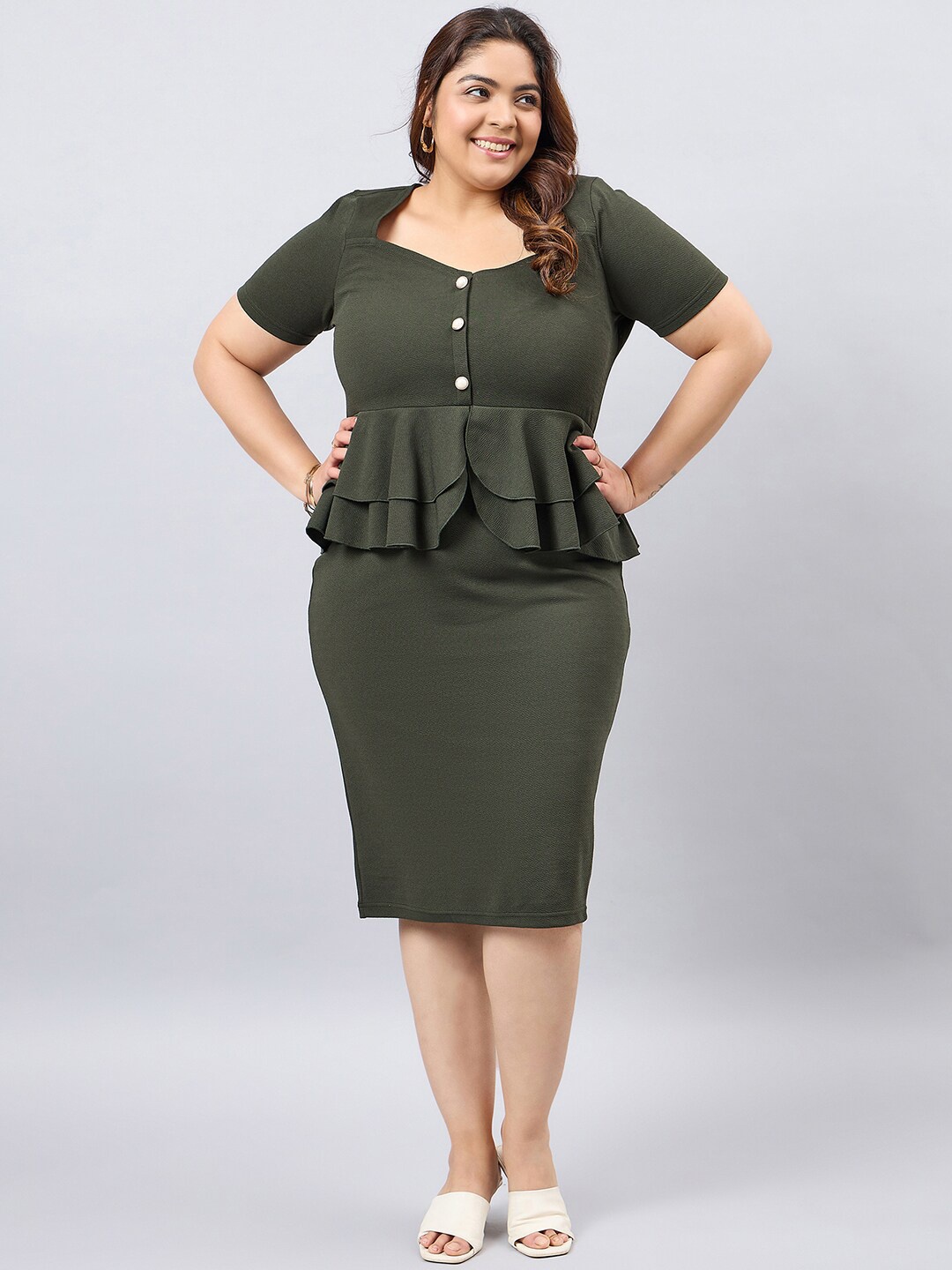 

Orchid Blues Plus Size Sweetheart Neck Short Sleeves Ruffled Sheath Dress, Olive