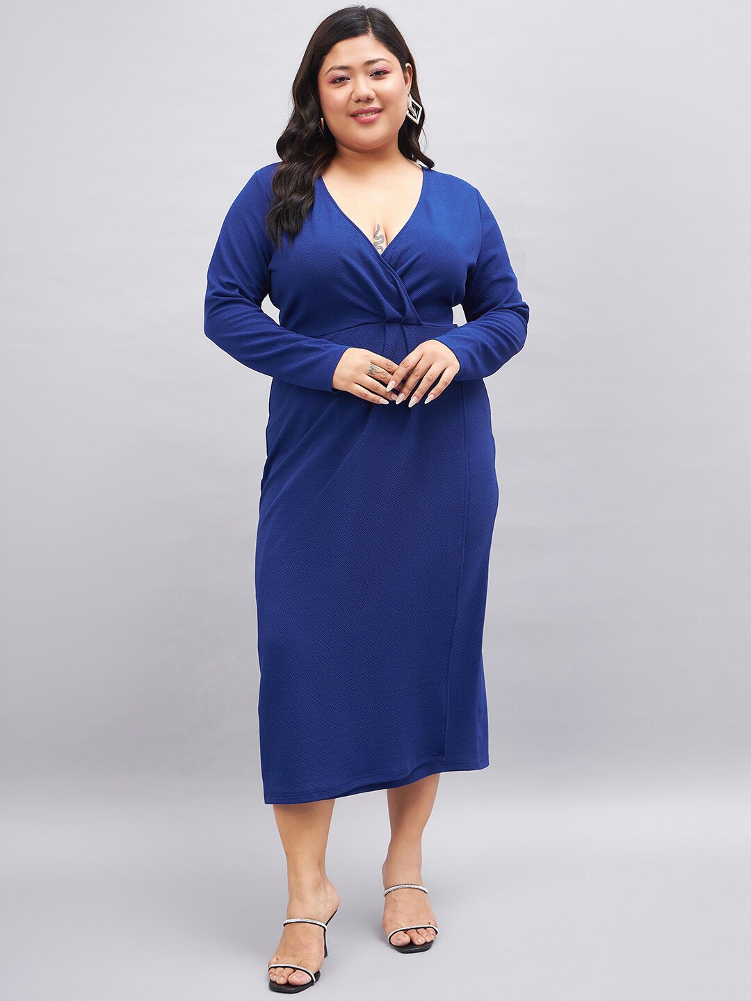 

Orchid Blues Plus Size V-Neck Long Sleeves Gathered Wrap Midi Dress, Blue
