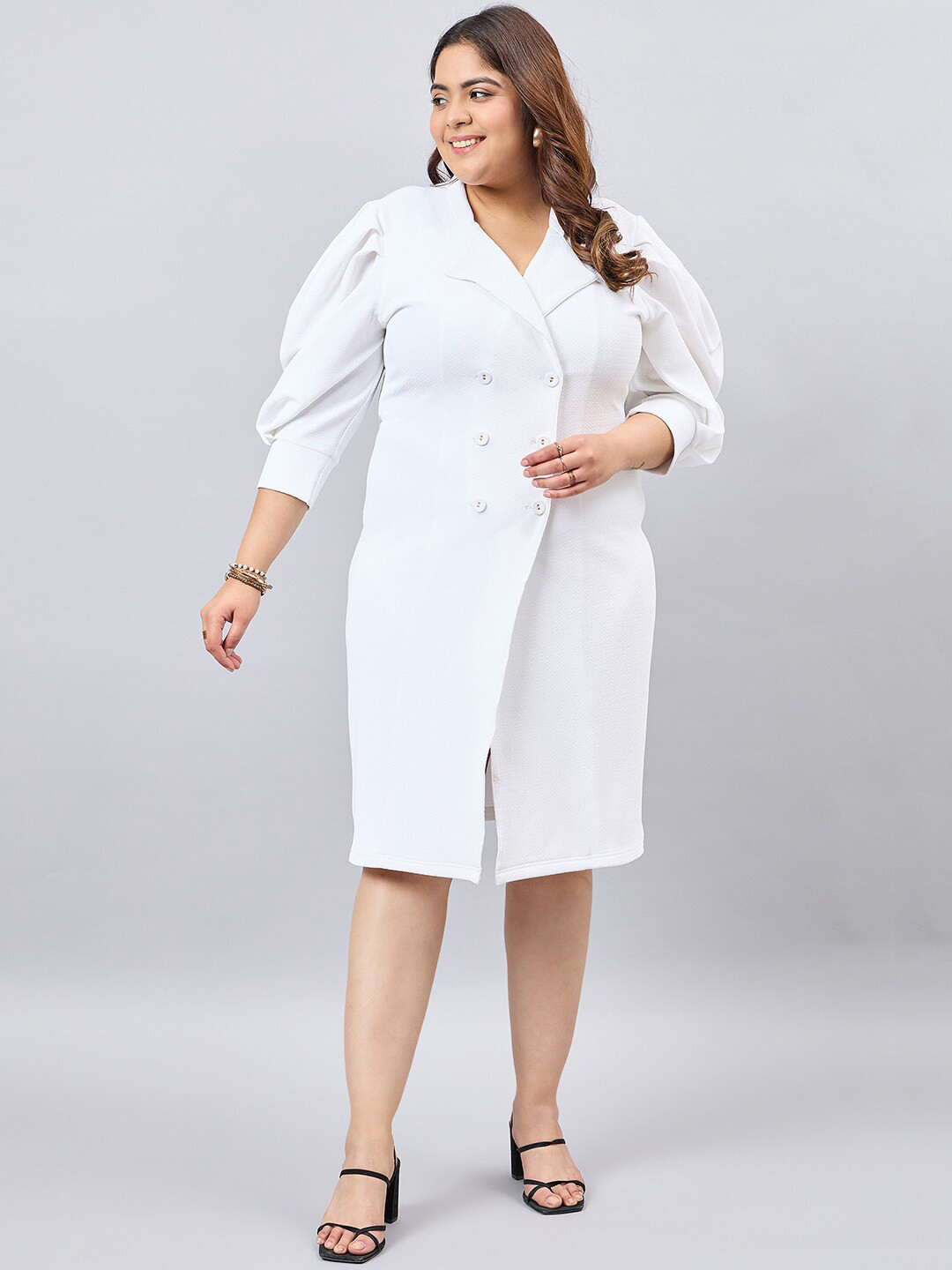 

Orchid Blues Plus Size Lapel Collar Puff Sleeves Blazer Dress, White
