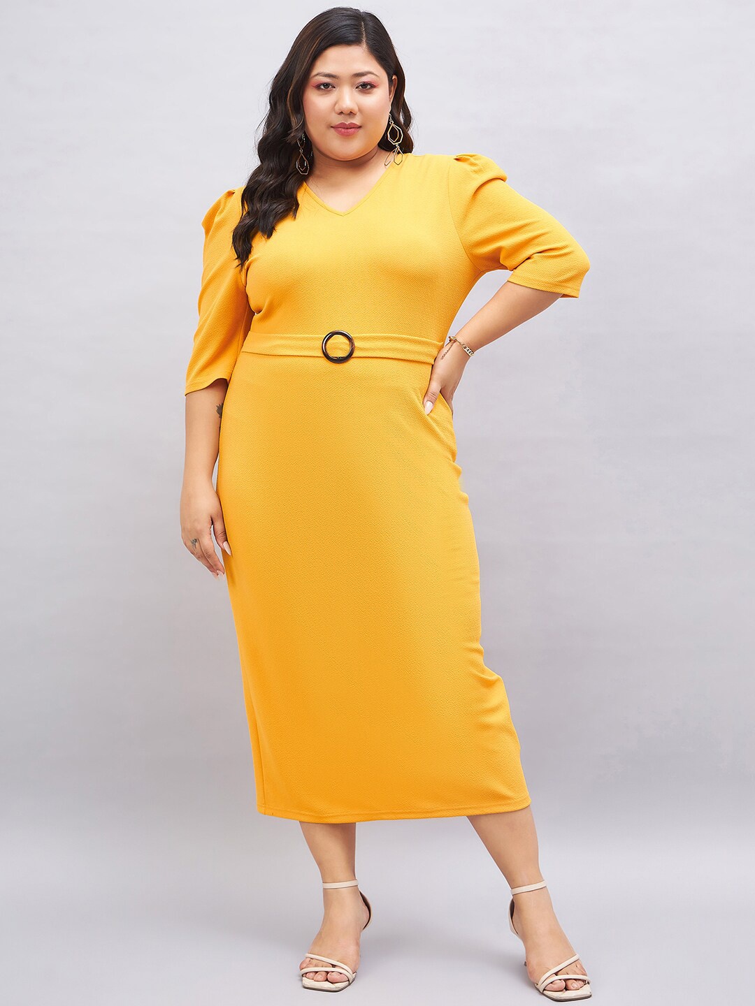 

Orchid Blues Plus Size V-Neck Puff Sleeves Belted Sheath Midi Dress, Mustard