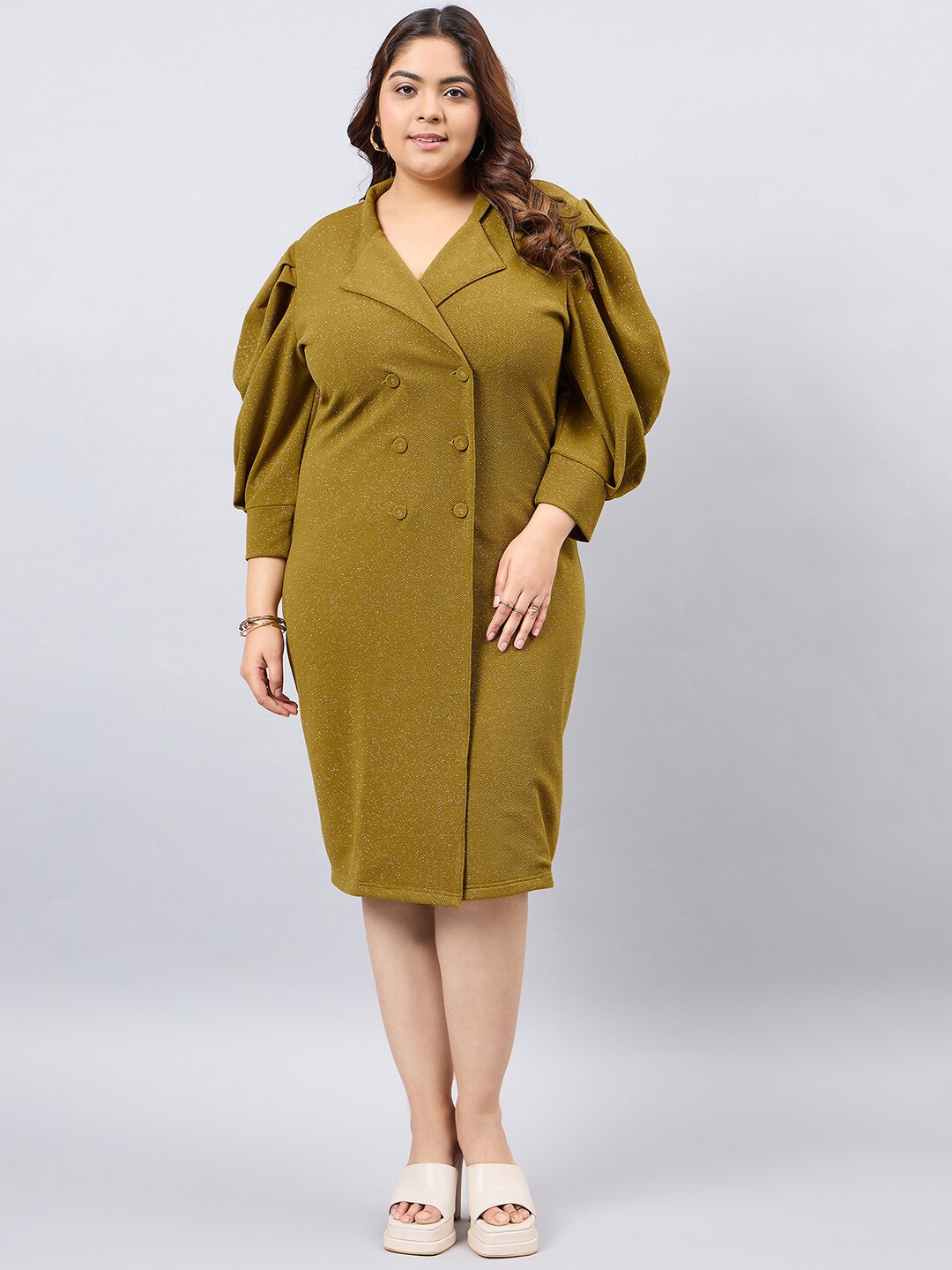 

Orchid Blues Plus Size Lapel Collar Puff Sleeves Blazer Dress, Mustard