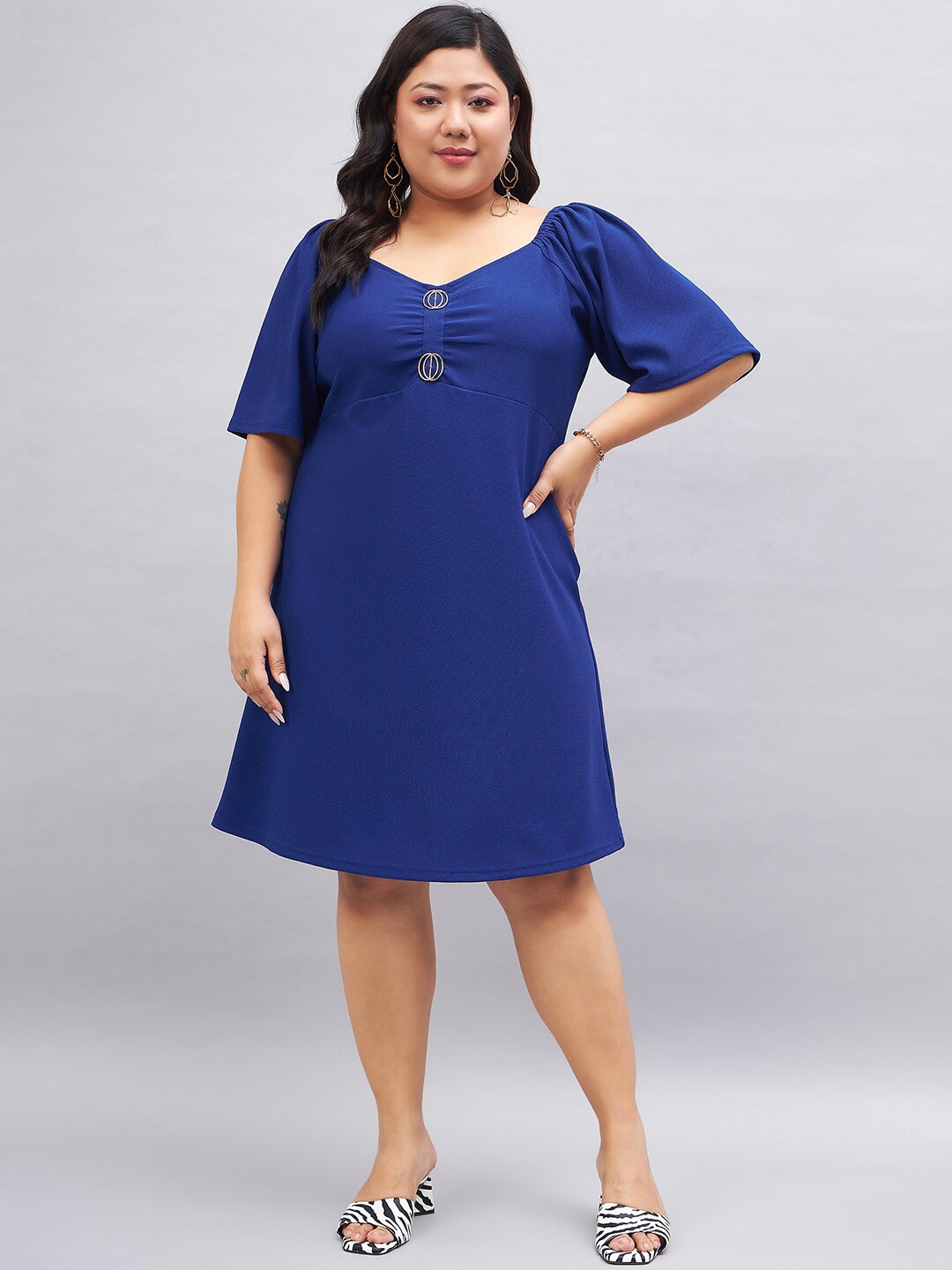 

Orchid Blues Plus Size Sweetheart Neck Flared Sleeve A-Line Dress, Blue