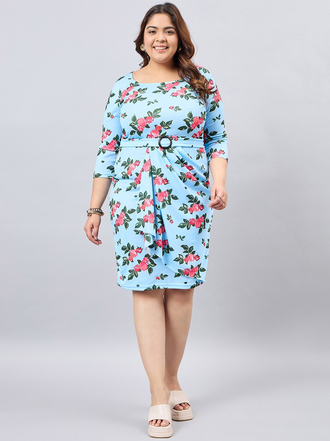 

Orchid Blues Plus Size Floral Printed Round Neck Pleated Sheath Dress, Blue