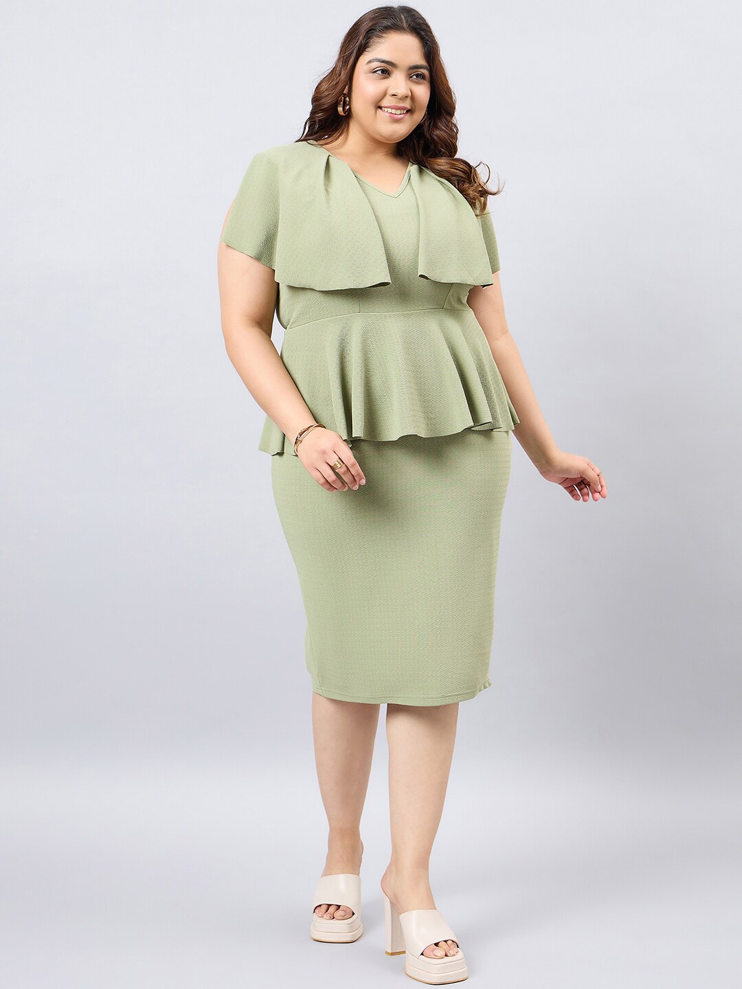 

Orchid Blues Plus Size V-Neck Sleeveless Ruffled Peplum Dress, Green