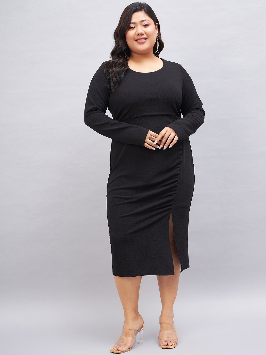 

Orchid Blues Plus Size Round Neck Long Sleeves Ruched Sheath Midi Dress, Black