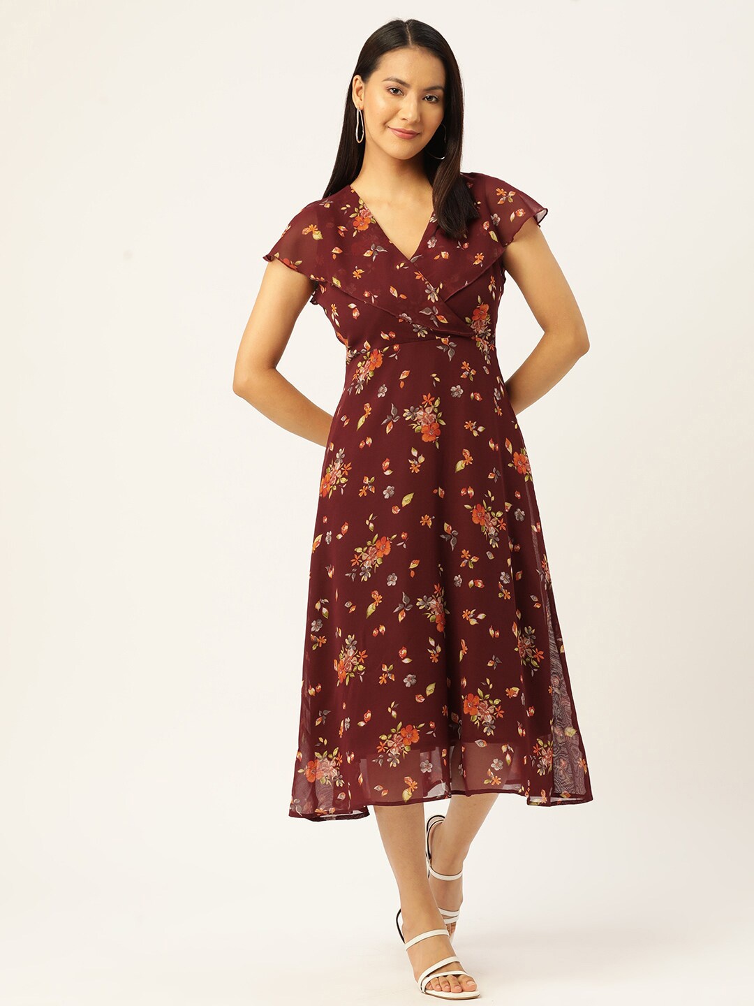 Slenor Floral Print Flared Sleeve Ruffled Georgette Midi Dress, Maroon