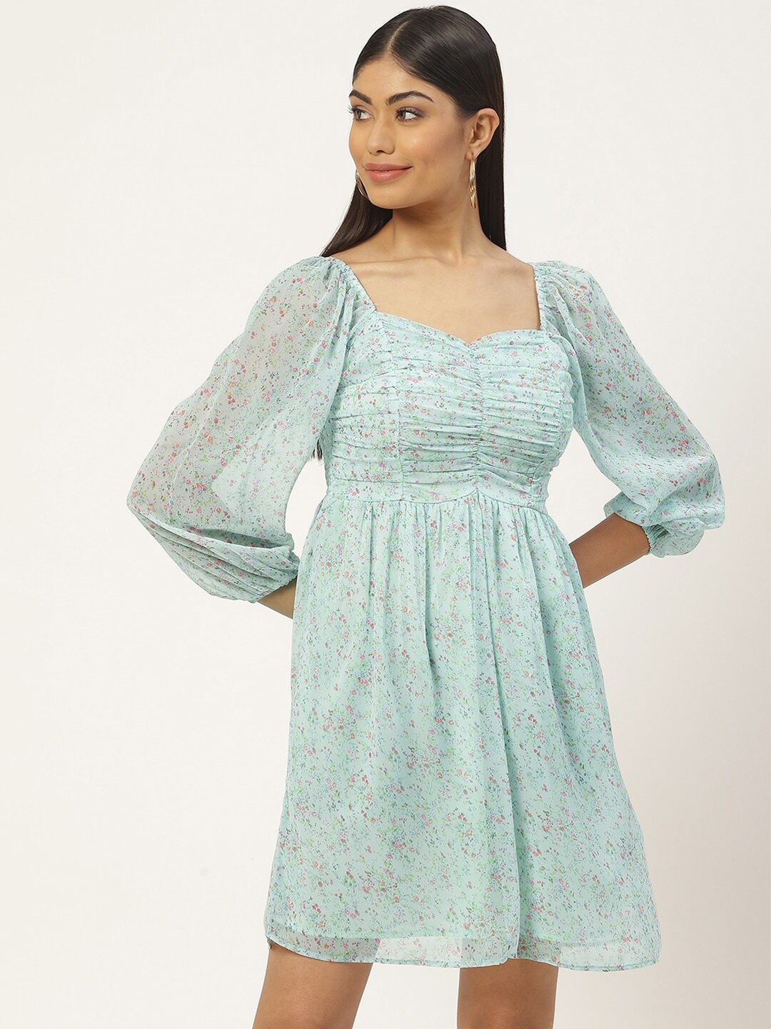 

Slenor Floral Print Puff Sleeve Georgette Fit & Flare Dress, Blue