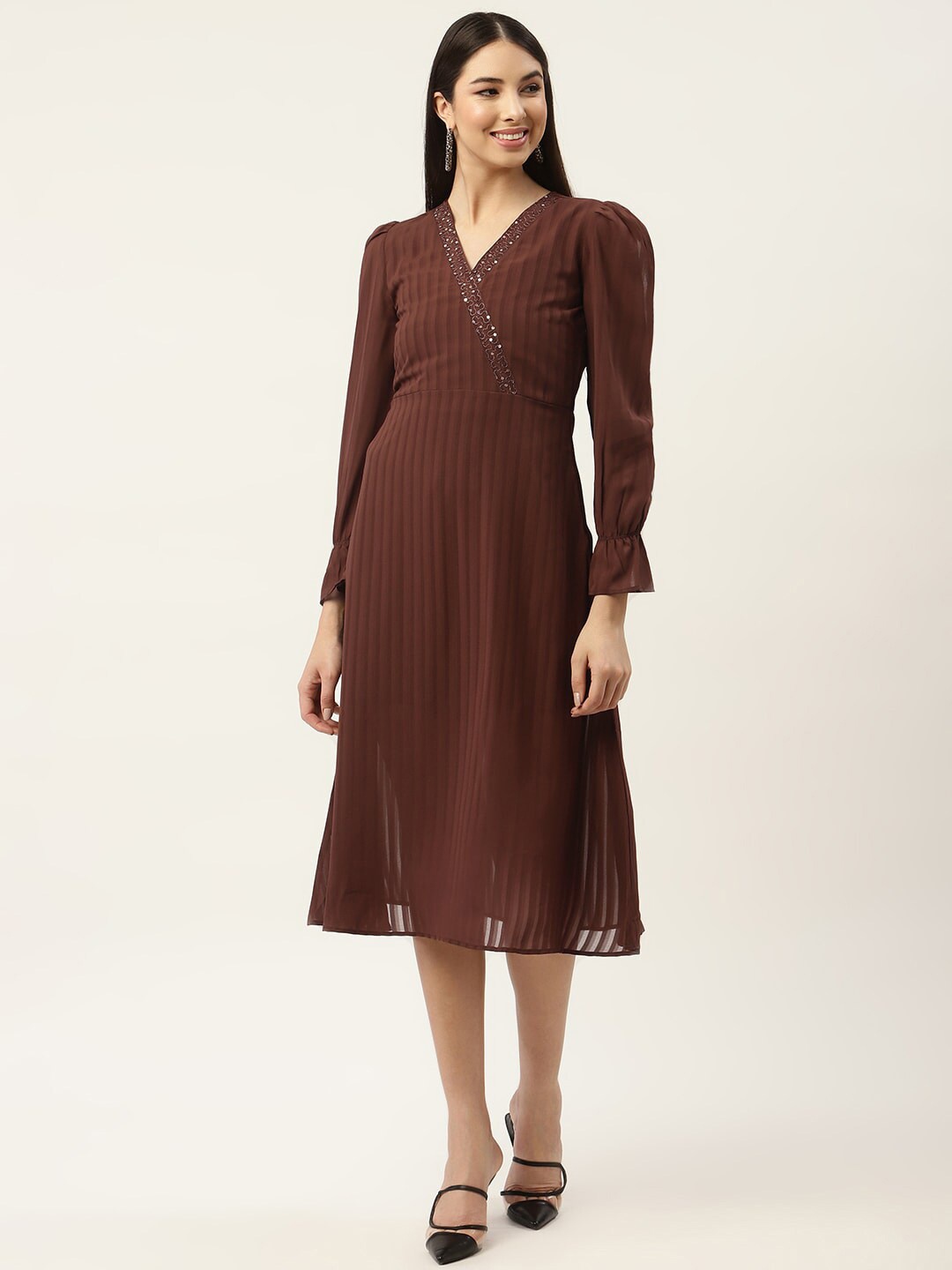 

Slenor Georgette V-Neck Fit & Flare Midi Dress, Brown