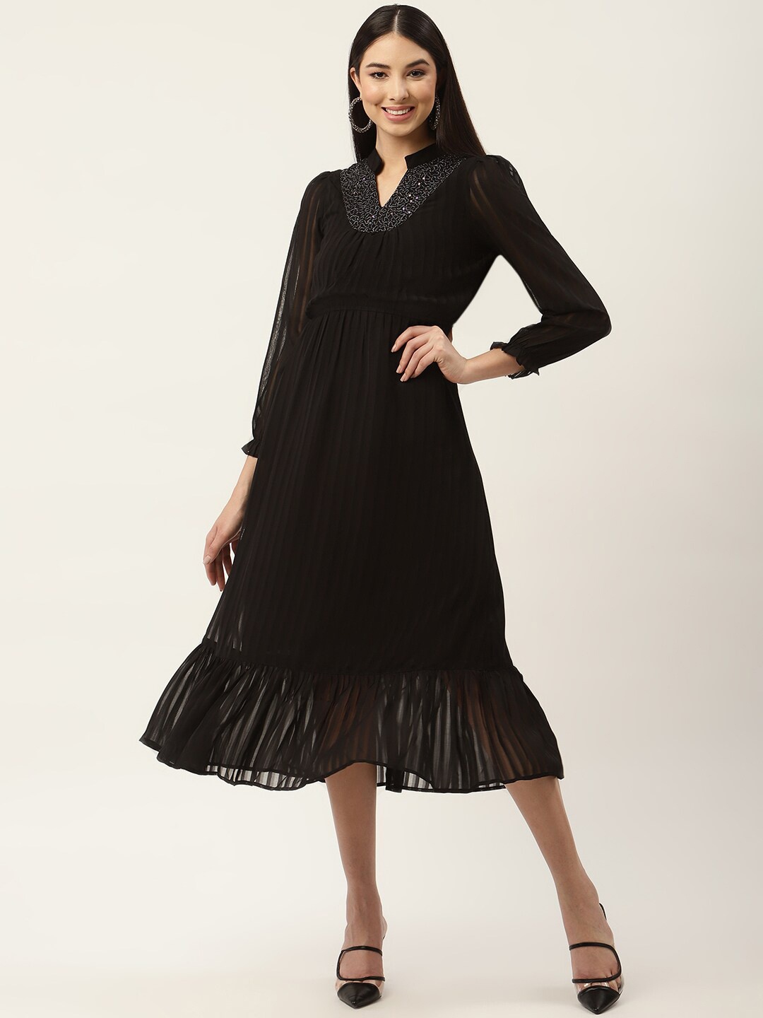 

Slenor Choker Neck Georgette Fit & Flare Midi Dress, Black