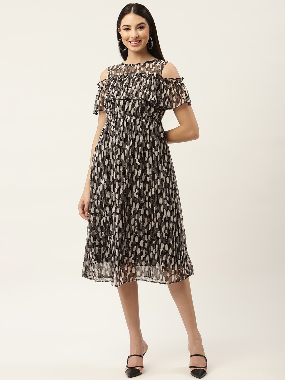

Slenor Animal Print Cold-Shoulder Chiffon Fit & Flare Midi Dress, Grey