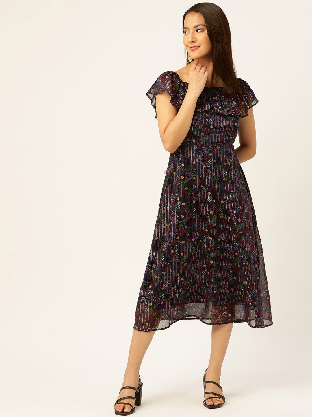 

Slenor Floral Print Flutter Sleeve Georgette Fit & Flare Midi Dress, Navy blue