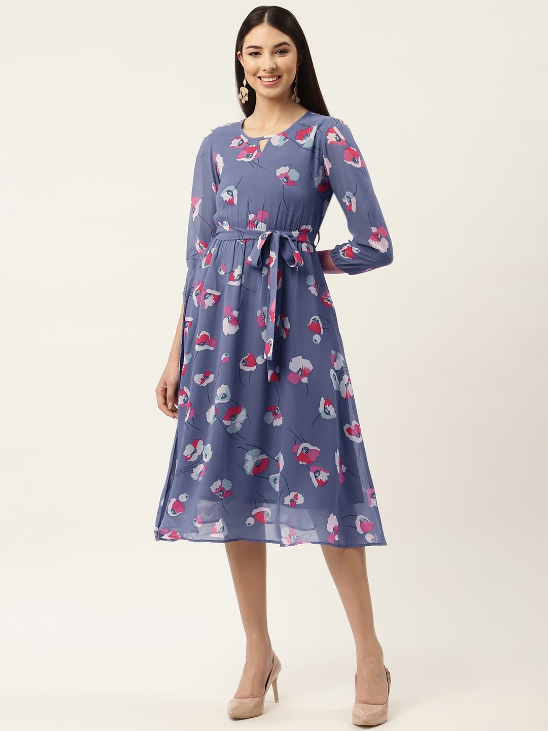Slenor Floral Print Georgette Fit & Flare Midi Dress, Purple