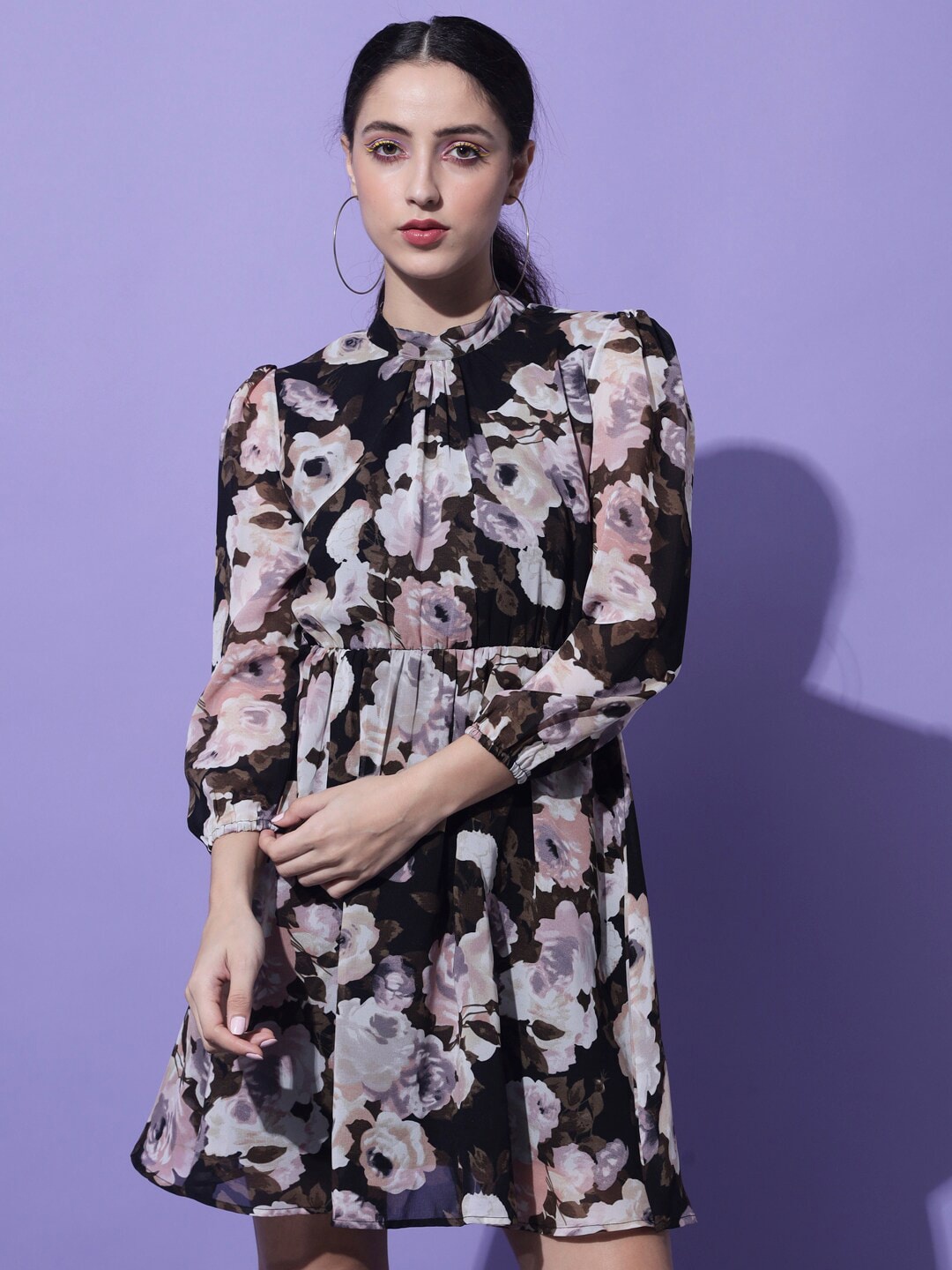 

Slenor Floral Print Tie-Up Neck Georgette Fit & Flare Dress, Black