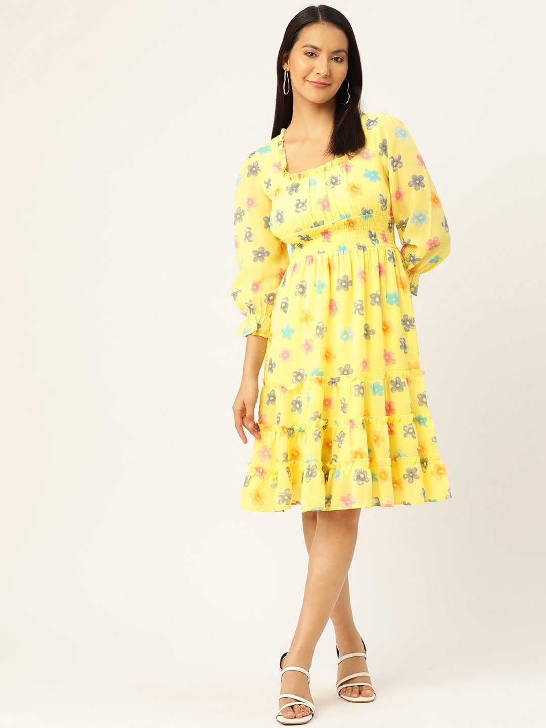 Slenor Floral Print Puff Sleeve Georgette Fit & Flare Dress, Yellow