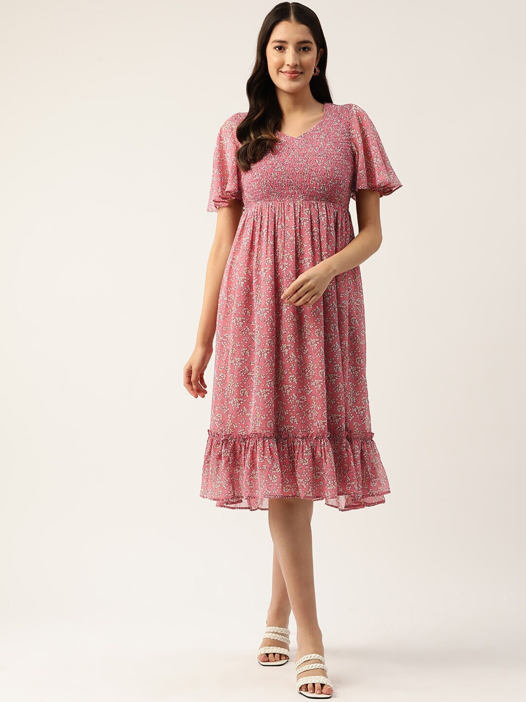 

Slenor Floral Print Georgette Empire Dress, Pink