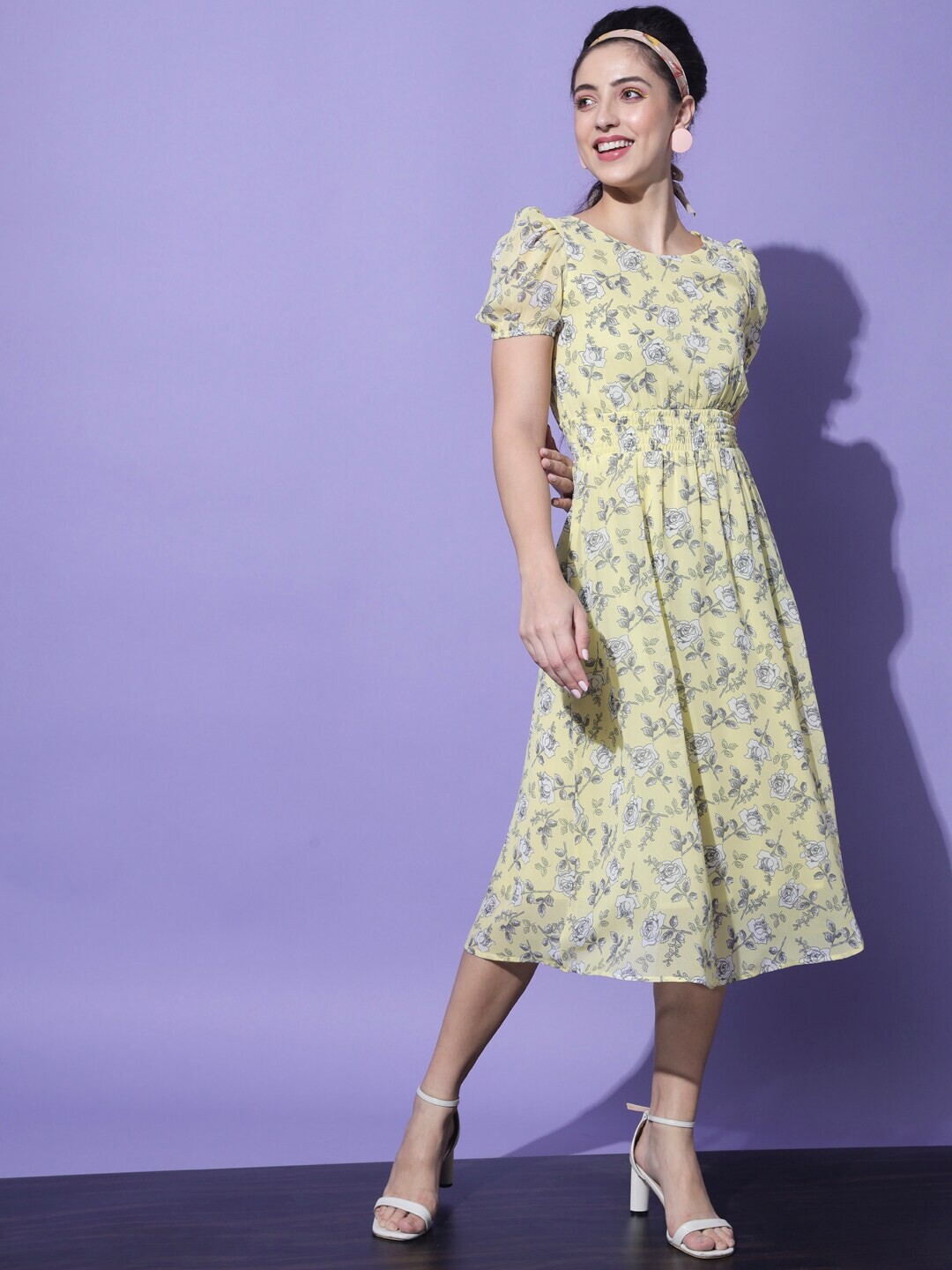 

Slenor Floral Print Georgette Fit & Flare Midi Dress, Yellow