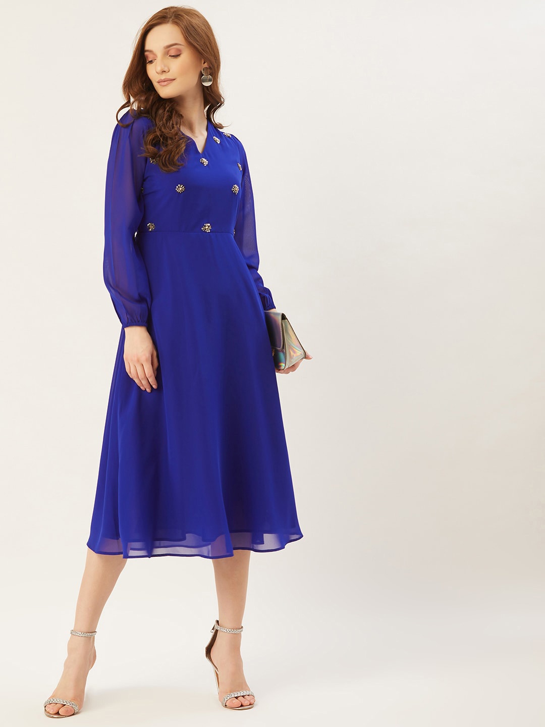 

Slenor Puff Sleeve Georgette Fit & Flare Midi Dress, Blue