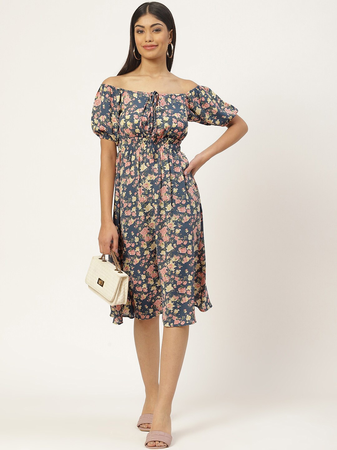 

Slenor Floral Print Off-Shoulder Puff Sleeve Georgette Fit & Flare Midi Dress, Multi