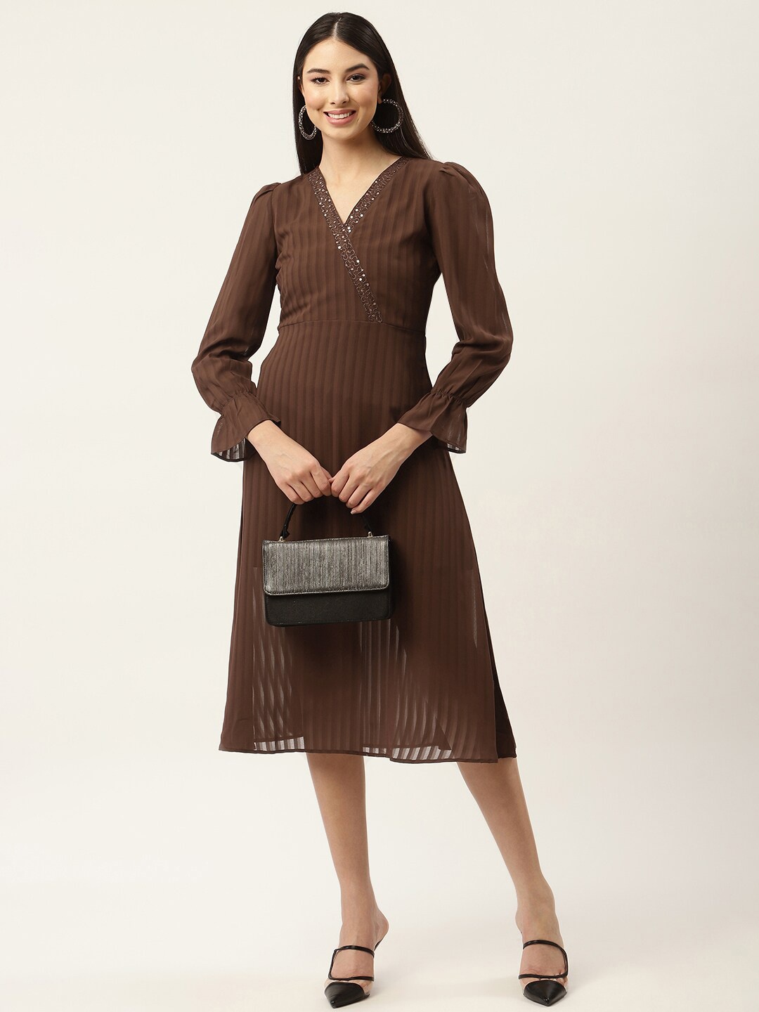 

Slenor Georgette Fit & Flare Midi Dress, Brown