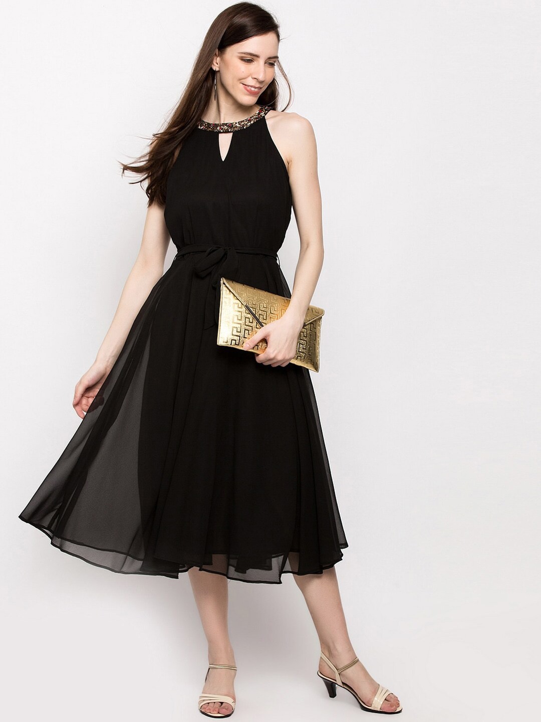 

Slenor Keyhole Neck Georgette Fit & Flare Midi Dress, Black