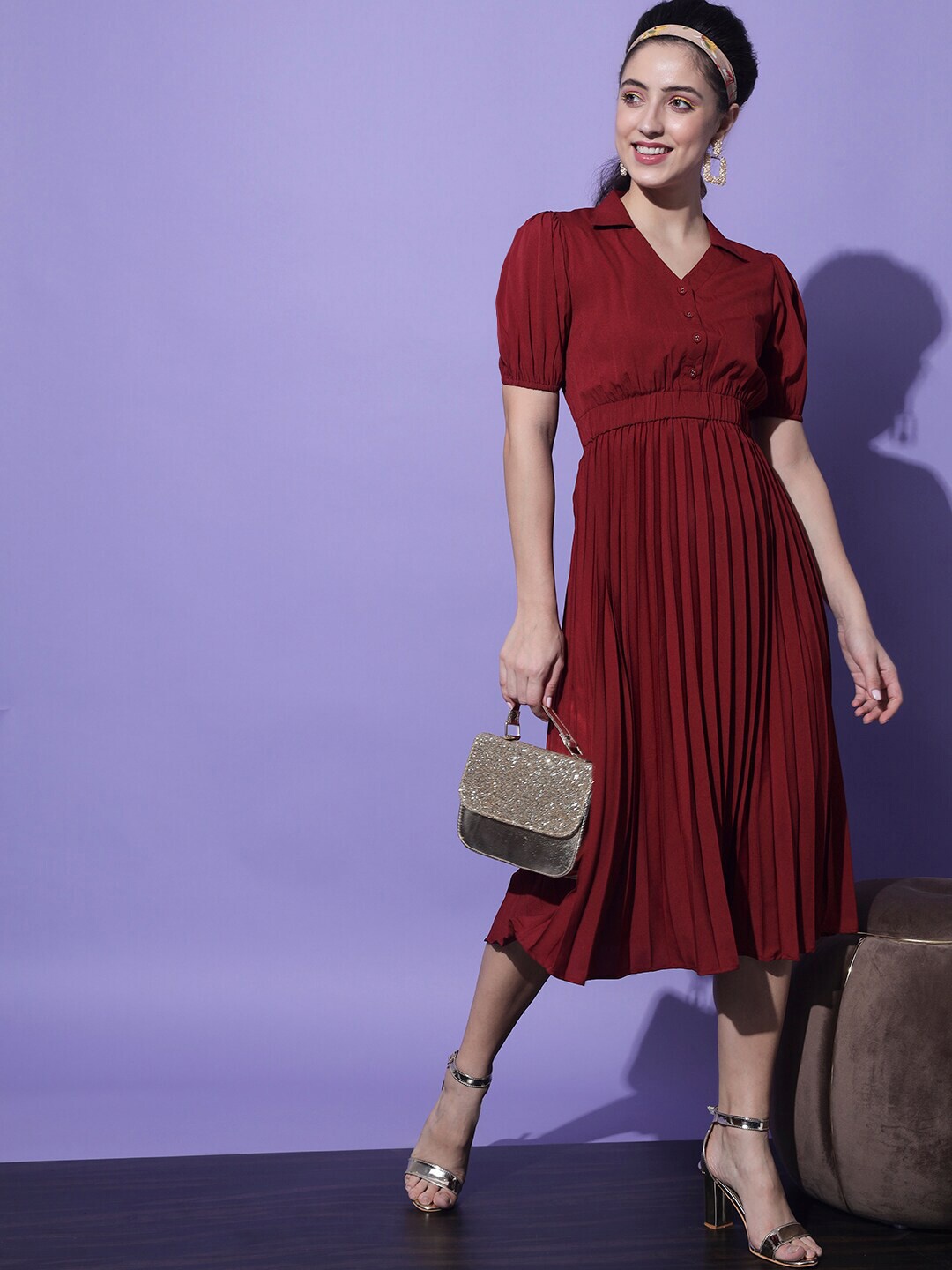 

Slenor Striped Crepe Fit & Flare Midi Dress, Maroon