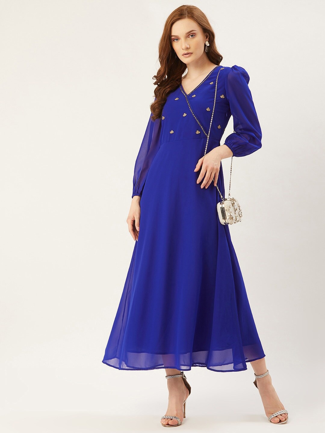 Slenor Puff Sleeve Georgette Maxi Dress, Blue