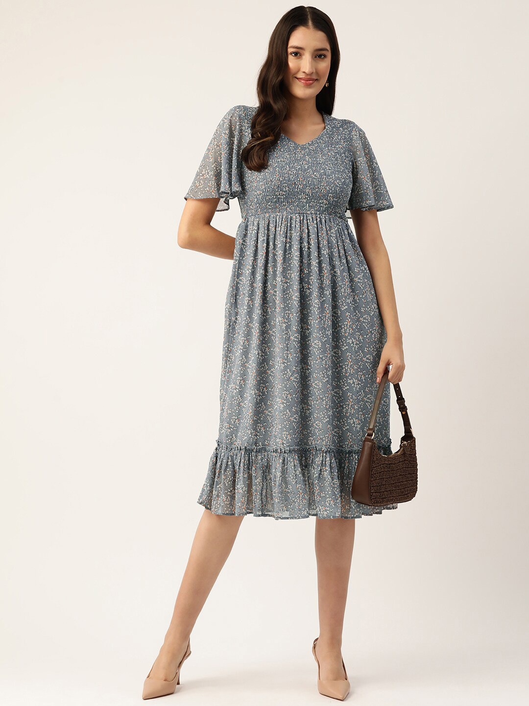 Slenor Floral Print Flared Sleeve Georgette Fit & Flare Midi Dress, Blue