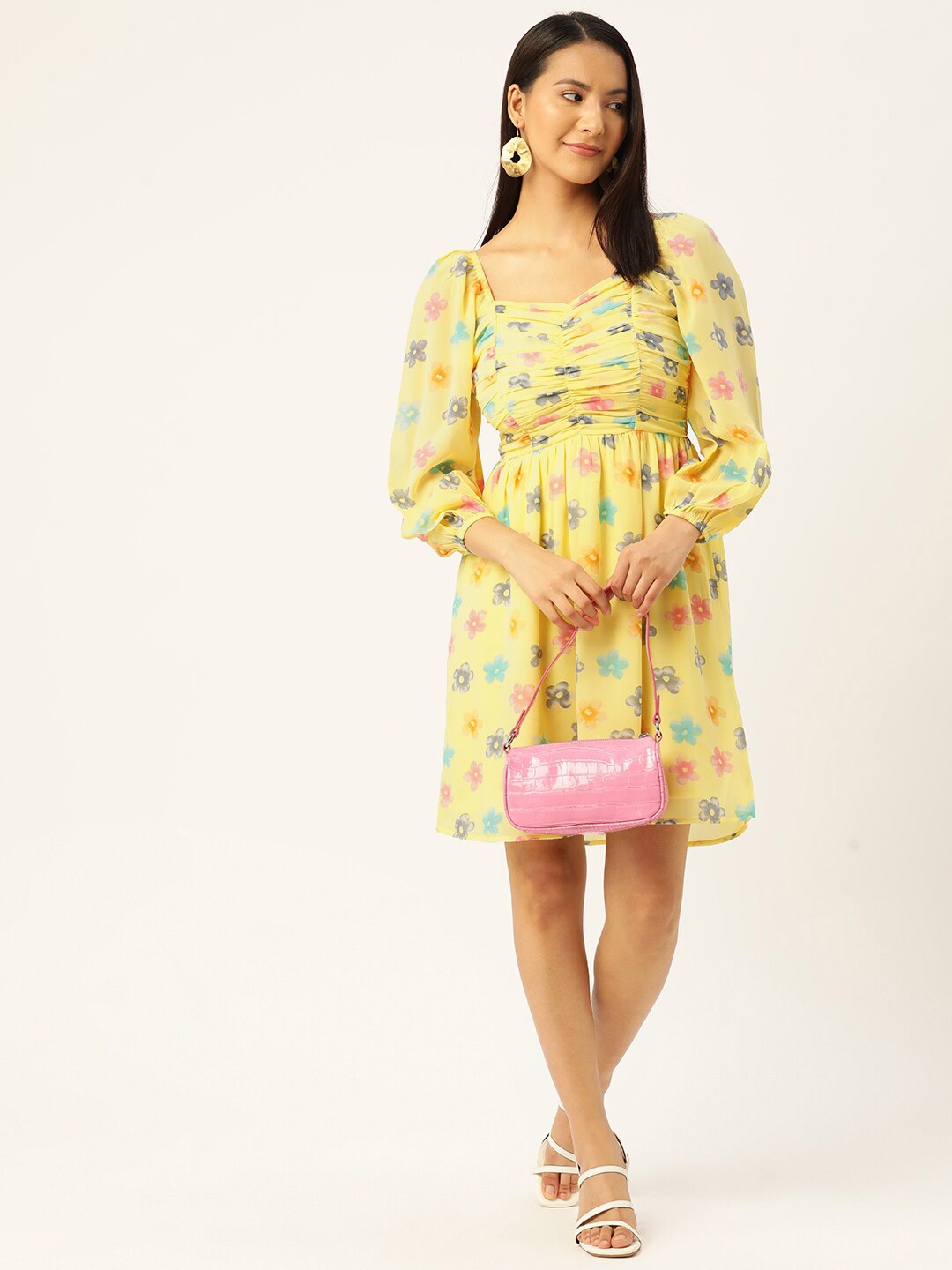 

Slenor Floral Print Puff Sleeve Georgette Fit & Flare Dress, Yellow
