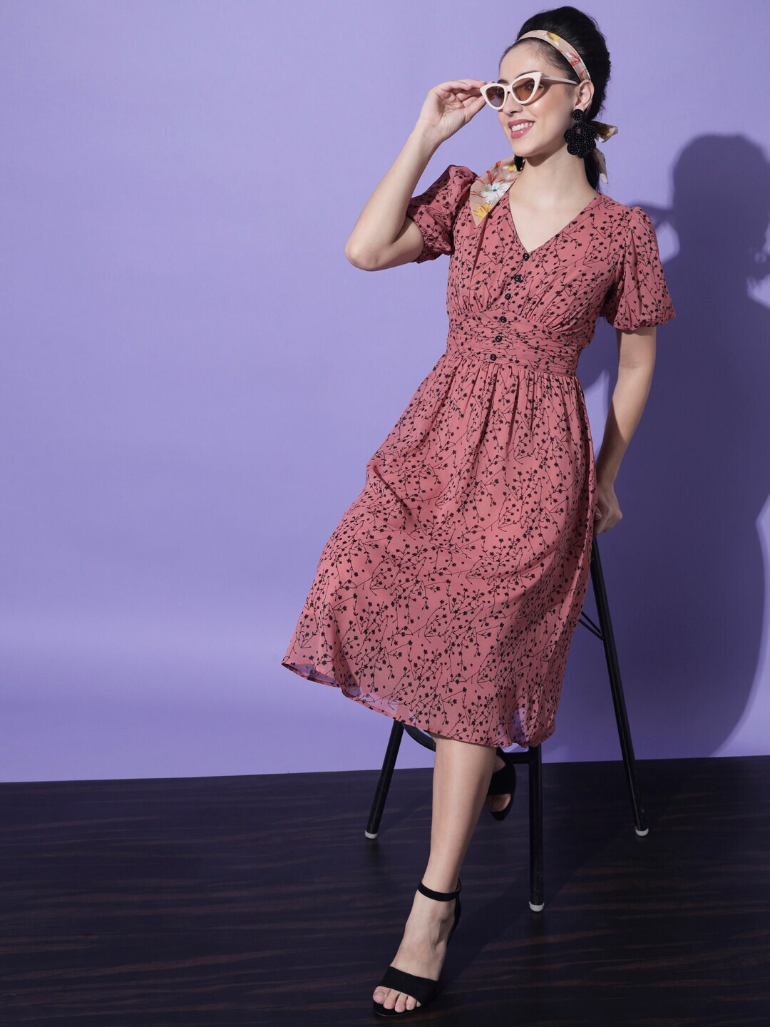 

Slenor Floral Print Georgette Fit & Flare Midi Dress, Peach