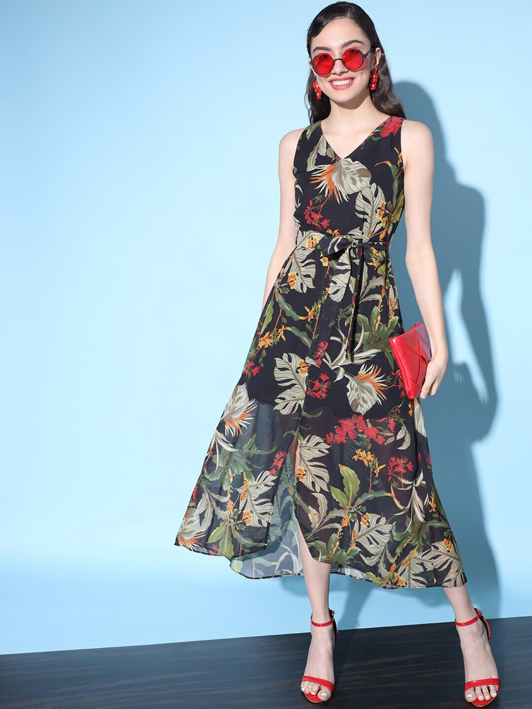 

Slenor Floral Print Georgette Midi Dress, Black