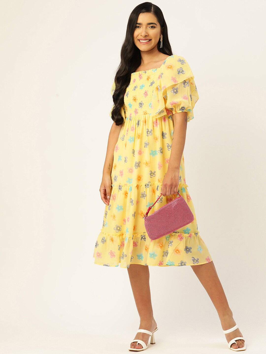 

Slenor Floral Print Flared Sleeve Georgette Fit & Flare Dress, Yellow