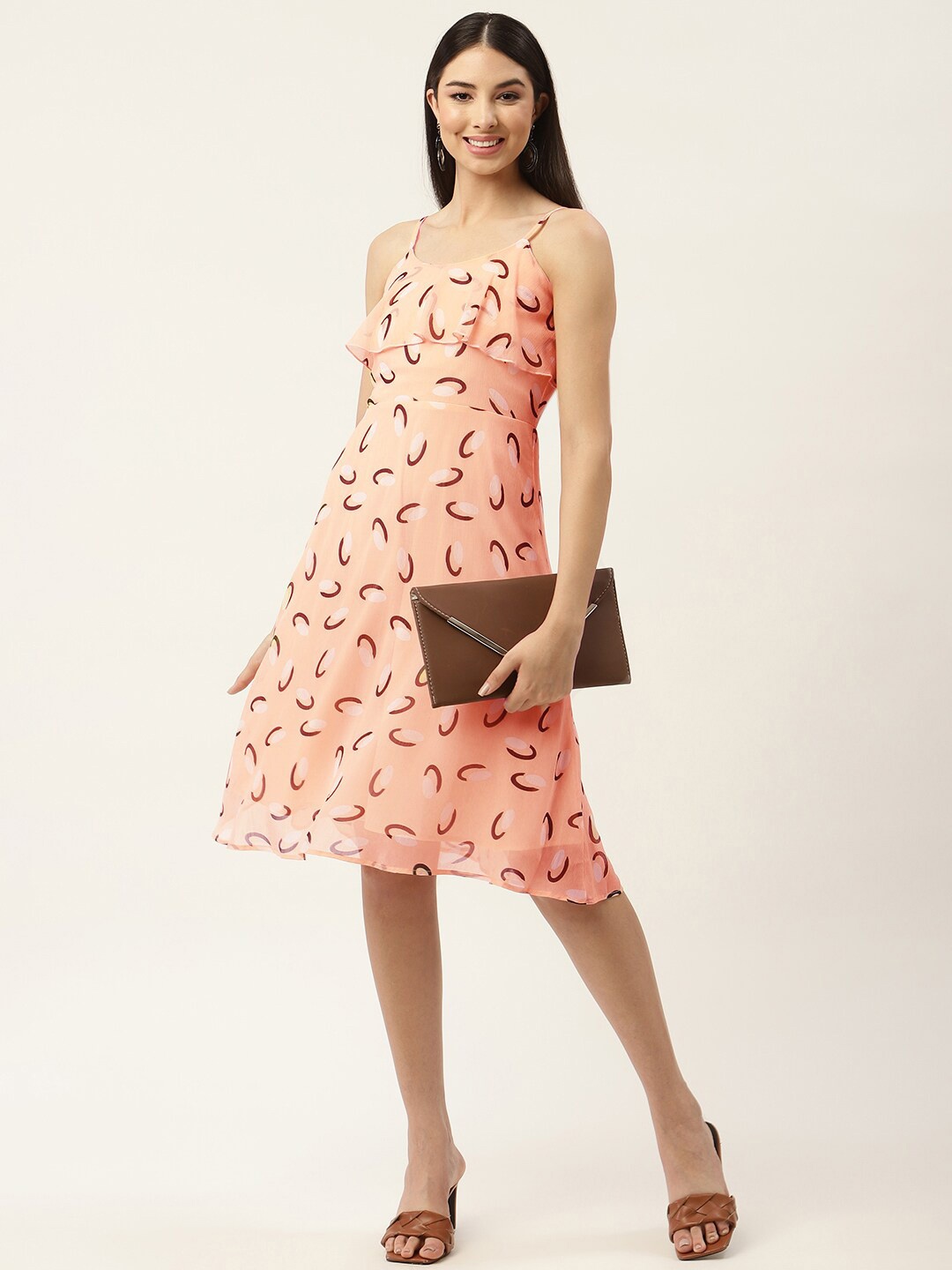 Slenor Floral Print Layered Chiffon Fit & Flare Dress, Peach