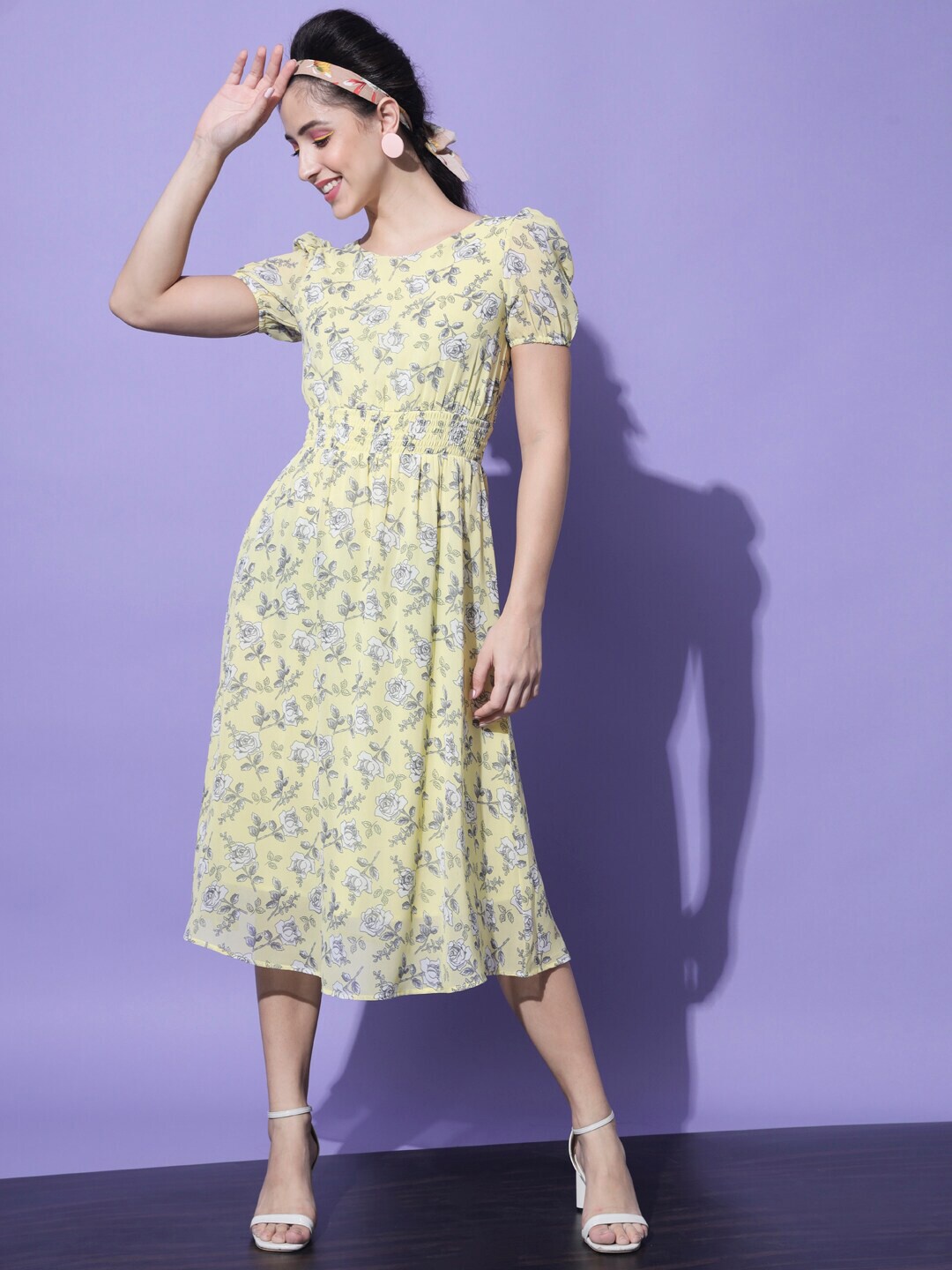 

Slenor Floral Print Flutter Sleeve Georgette Fit & Flare Midi Dress, Yellow