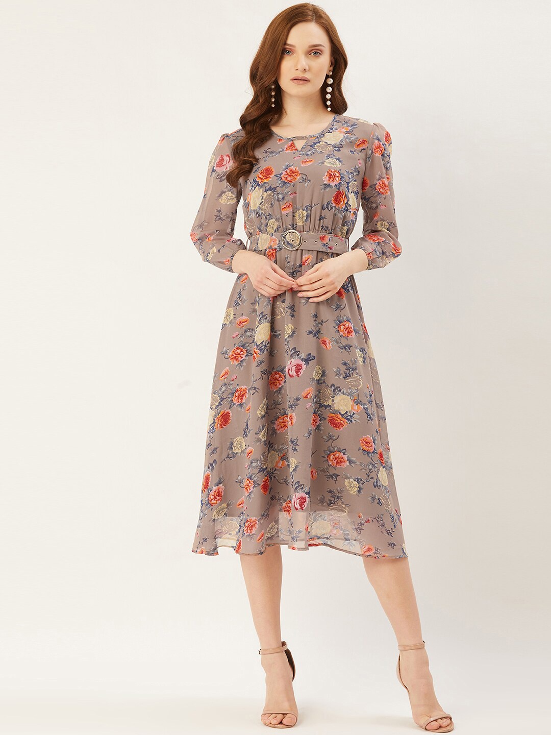 

Slenor Floral Print Georgette Fit & Flare Midi Dress, Taupe