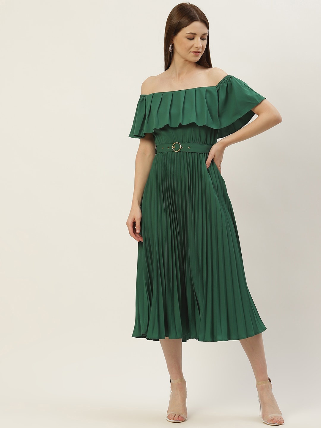 

Slenor Striped Off-Shoulder Flutter Sleeve Crepe A-Line Midi Dress, Green