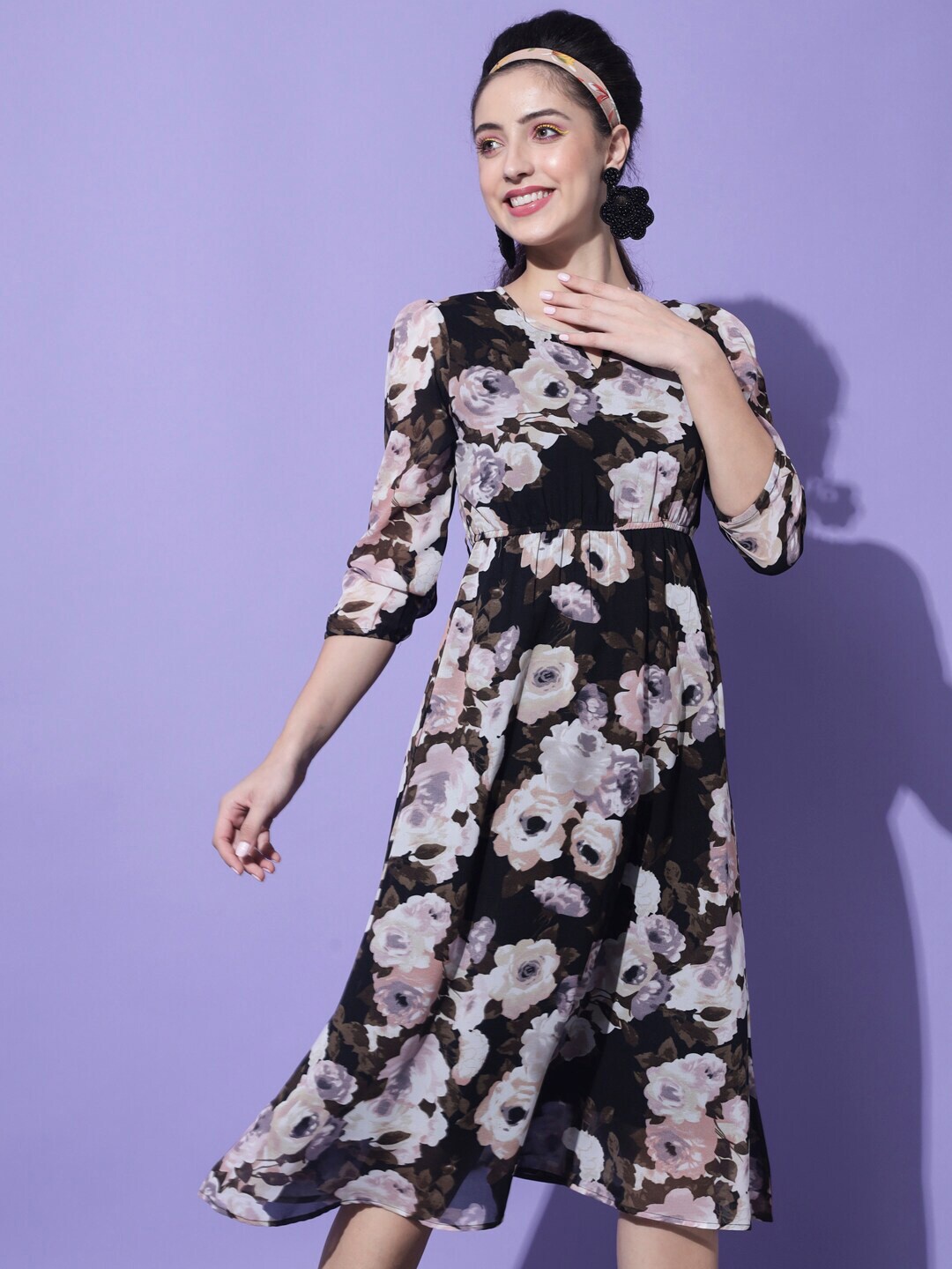 

Slenor Floral Print Georgette Fit & Flare Midi Dress, Black