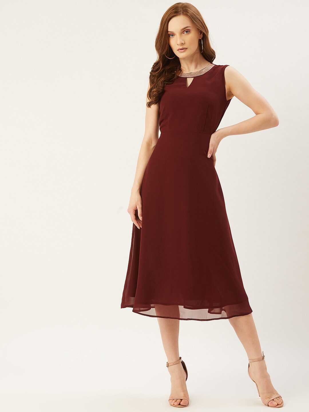 

Slenor Georgette Fit & Flare Midi Dress, Burgundy