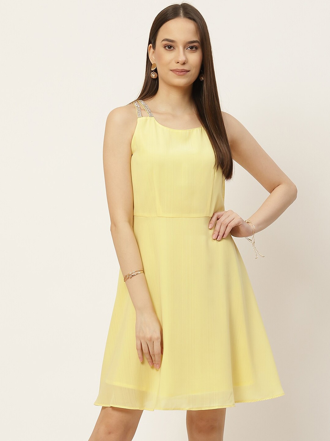 

Slenor Georgette Shoulder Straps Fit & Flare Dress, Yellow