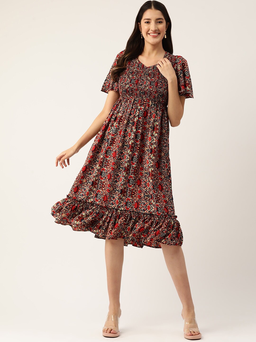 

Slenor Floral Print Crepe Fit & Flare Dress, Navy blue