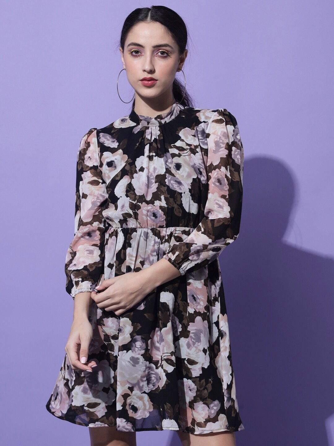 

Slenor Floral Print Tie-Up Neck Georgette Fit & Flare Dress, Black