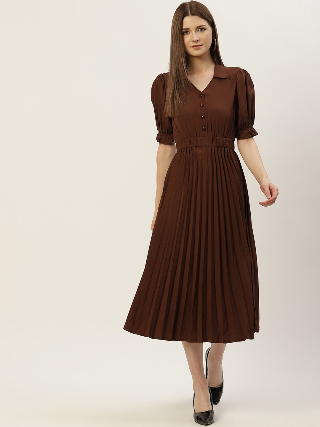 

Slenor Puff Sleeve Crepe A-Line Midi Dress, Brown