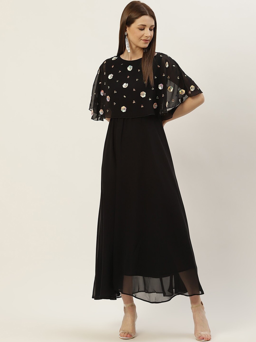 

Slenor Cape Sleeve Layered Georgette Maxi Dress, Black