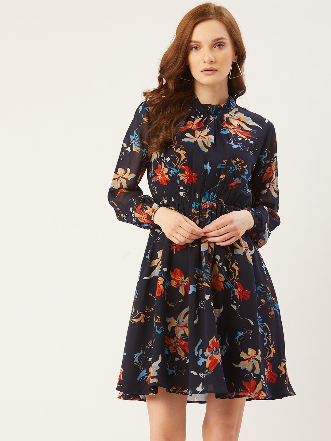 

Slenor Floral Print Georgette Fit & Flare Dress, Navy blue