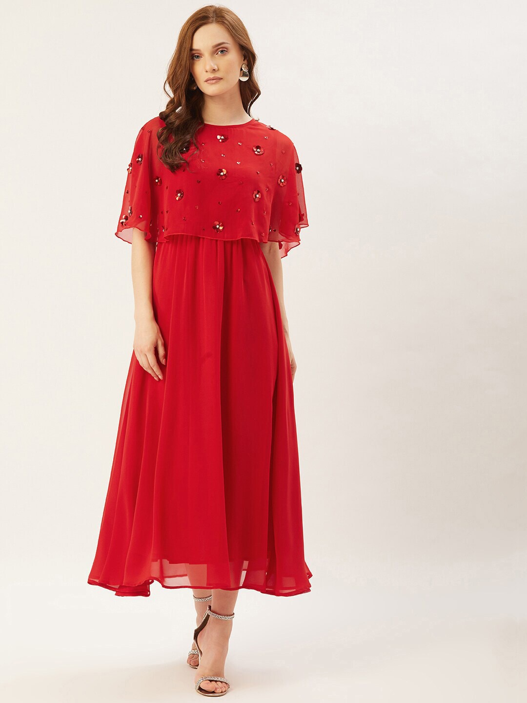 Slenor Cape Sleeve Layered Georgette Maxi Dress, Red
