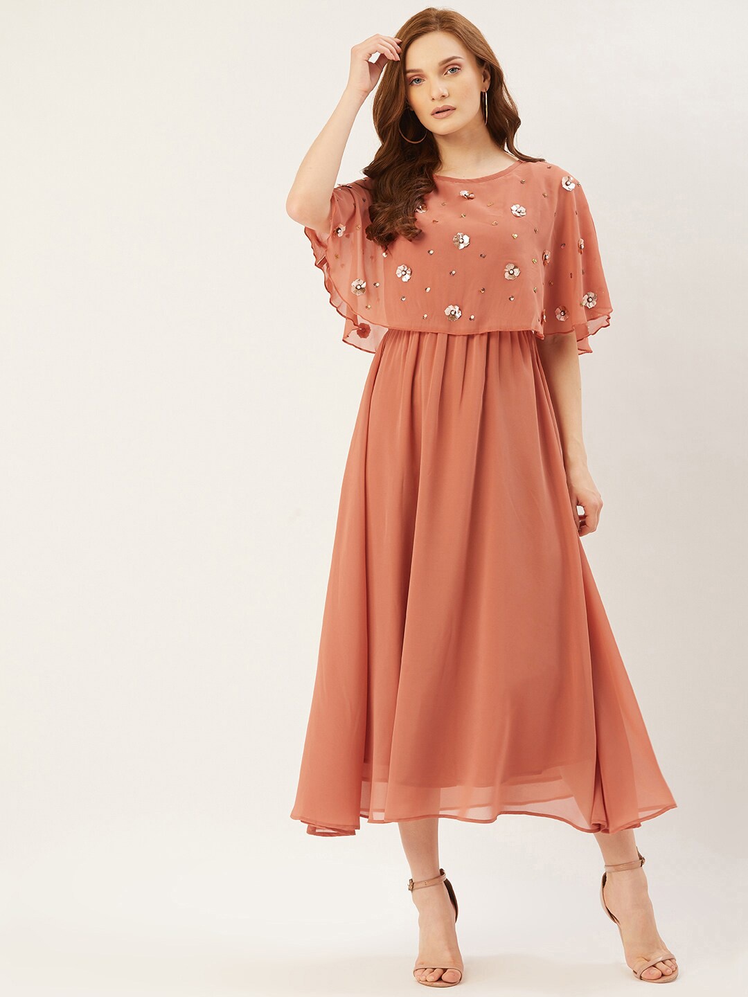 

Slenor Flared Sleeve Layered Georgette Fit & Flare Midi Dress, Peach