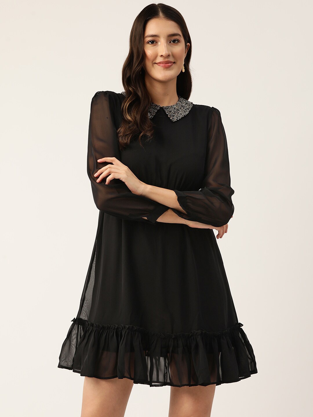 

Slenor Peter Pan Collar Georgette Fit & Flare Dress, Black