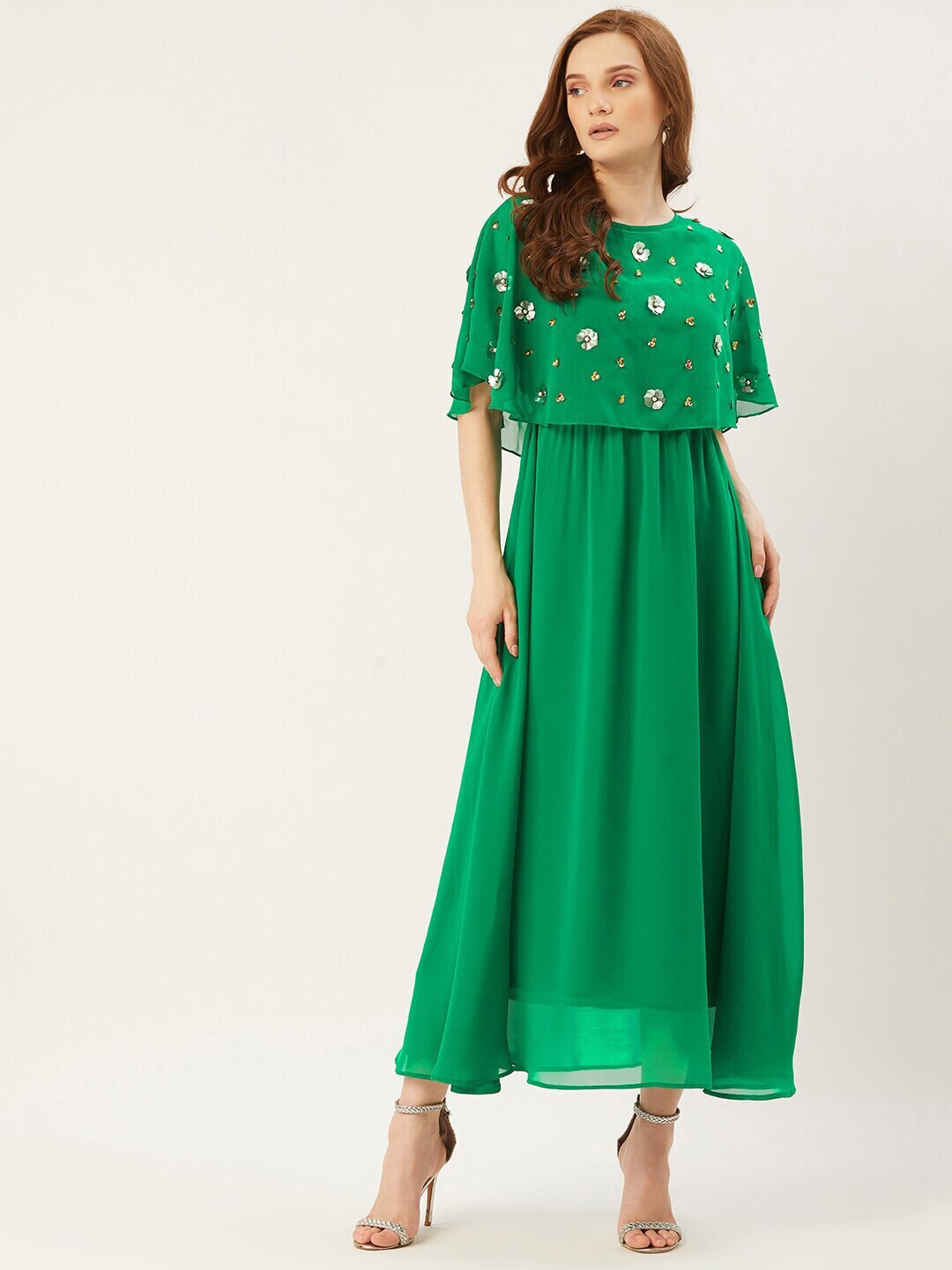 

Slenor Floral Flared Sleeve Layered Georgette Maxi Dress, Green