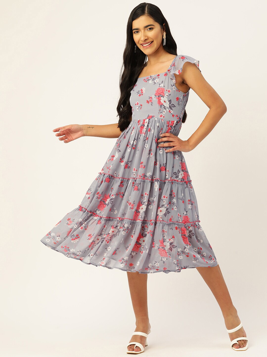

Slenor Floral Print Georgette Fit & Flare Midi Dress, Grey