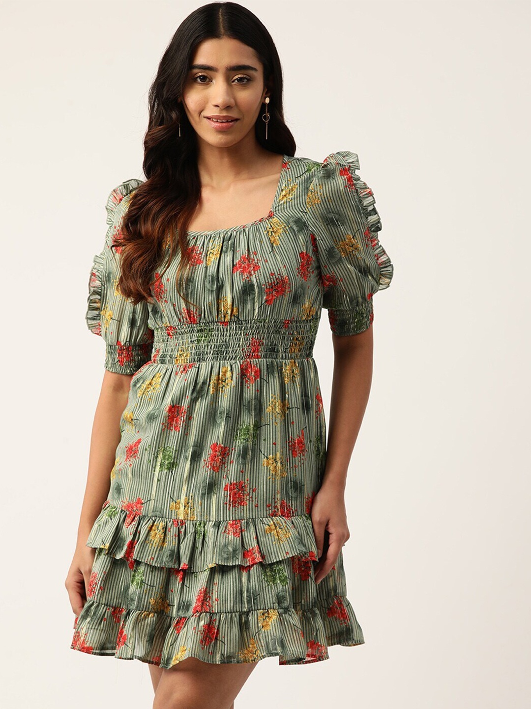 

Slenor Floral Print Puff Sleeve Georgette Fit & Flare Dress, Green